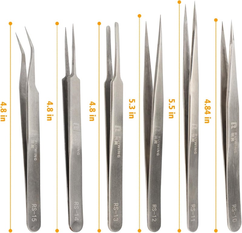 RuiWing Precision Tweezers Set, 6 PCS Extra Thick Stainless Steel, Non-Magnetic, Heat Resistant for Electronics, Soldering, Jewelry, Craft, and Laboratory Work - Image 2